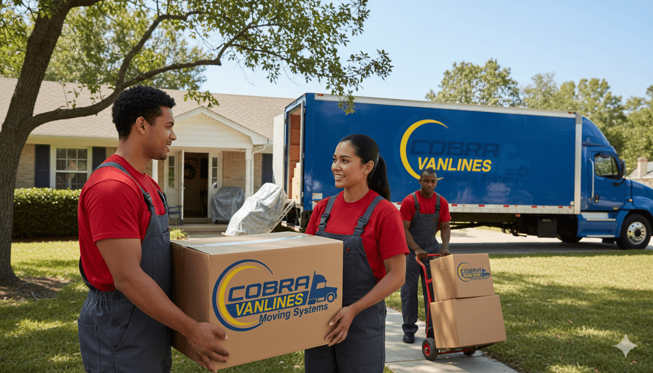 Cobra Vanlines movers carrying boxes from the moving truck