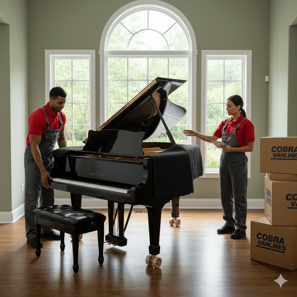 Piano movers wrapping a grand piano